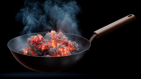 Frying pan with fire and smoke on black background. 3d renderingの素材