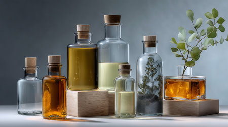 Aromatherapy oil in glass bottles on a gray background.の素材