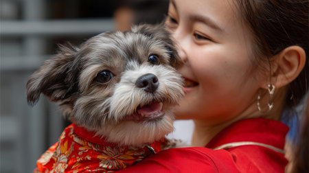 Portrait of a cute little shih tzu puppy in the arms of a girl.の素材