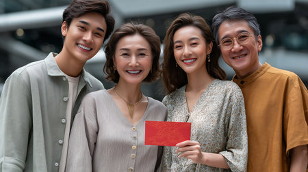 Group of asian friends holding red envelope and smiling at camera.の素材