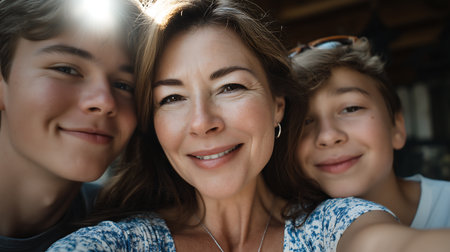 Portrait of smiling mother and kids taking selfie with smartphone at homeの素材