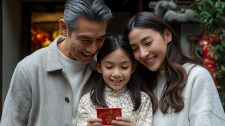 Happy asian family holding red envelope with chinese new year.の素材