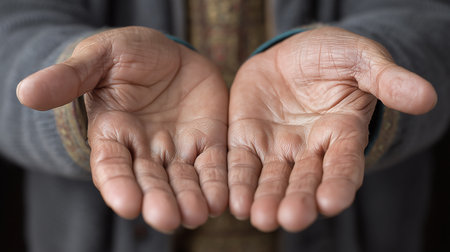 Close up of an old man's hands holding something in the darkの素材