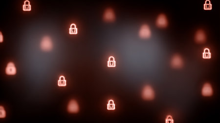 Cyber security concept. Red glowing padlock on dark background. 3D renderingの素材