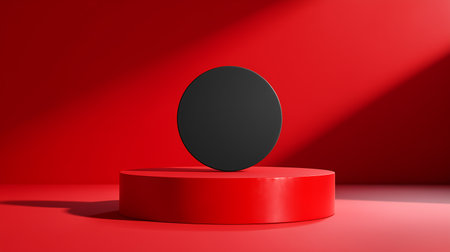 3d render of black round podium on red background. Abstract minimal scene with copy spaceの素材