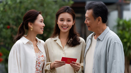asian family celebrate chinese new year with red envelopes.の素材