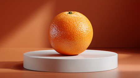 3d render of an orange on a white podium in orange backgroundの素材