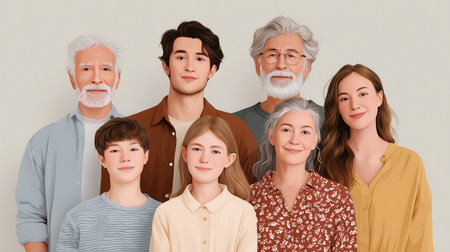 Portrait of happy family standing together, isolated on grey background.の素材