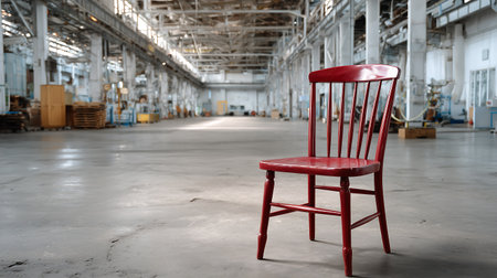 Red chair in a factory, interior of a large industrial building.の素材