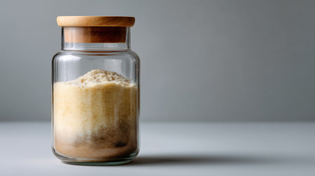 Coffee in a glass jar with a wooden lid on a gray backgroundの素材