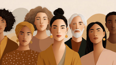 Group of diverse women with different hairstyles and makeup. Vector illustration.の素材