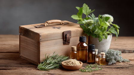 Medicinal herbs and wooden box with essential oil on rustic backgroundの素材