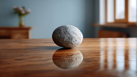 A stone on a wooden table in the living room. 3d renderingの素材