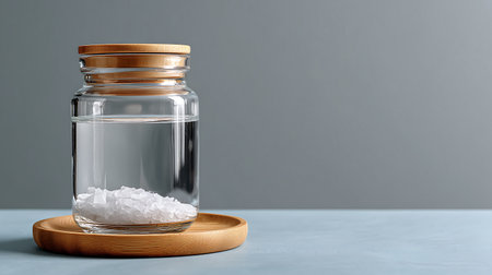 Glass jar with salt on gray background. 3d rendering mock upの素材