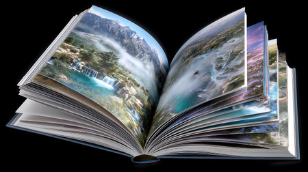 Opened book with a beautiful landscape on the pages. 3d renderの素材