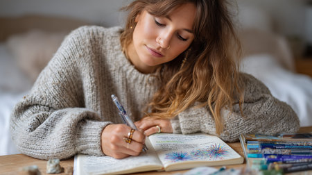 Beautiful girl in a warm sweater writes in a notebook at homeの素材