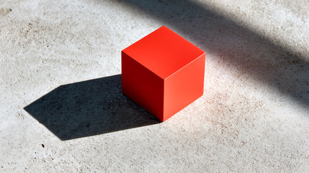 Red cube on concrete floor with shadow. 3d render illustration.の素材