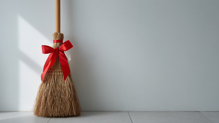 Broom with red ribbon on white wall background. 3d renderingの素材