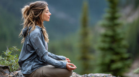 Young woman meditating in the mountains. The concept of healthy lifestyle.の素材