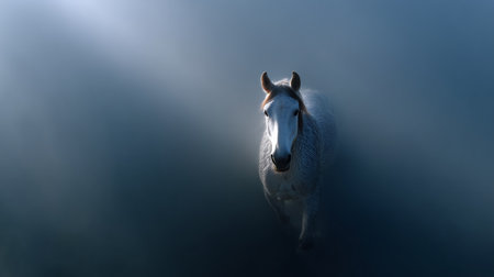 Horse in the fog at sunrise. Beautiful white horse in the morning light.の素材