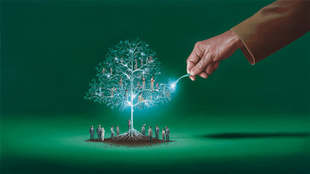 Human hand drawing tree on green background. Ecology concept. 3D Renderingの素材