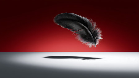 Feather on the floor against red and white background with vignetteの素材