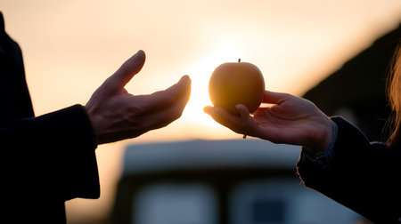 Close-up of a couple holding an apple in front of a sunsetの素材