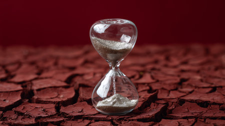 Hourglass on cracked red earth background. Concept of climate change.の素材