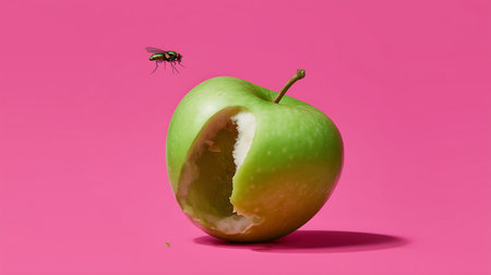 Green apple and fly on a pink background. 3d rendering.の素材