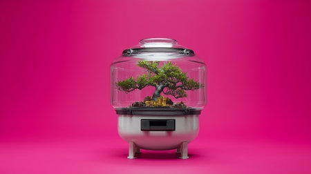 Bonsai tree in a glass jar on a pink background.の素材