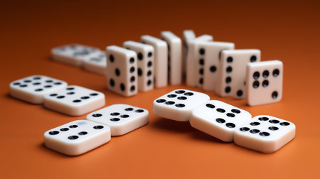 Dominoes on an orange background. Focus on the dice.の素材
