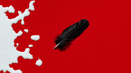 Black feather on a red background with white spots. Place for text.の素材