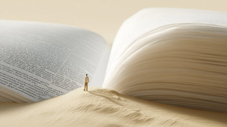 man standing between the pages of an open book. 3d illustrationの素材