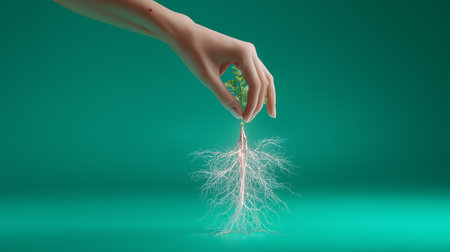 3d render of human hand holding a plant with roots on green backgroundの素材
