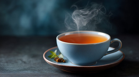 Cup of tea with smoke on dark background. Selective focusの素材