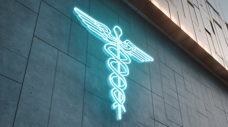 Glowing medical symbol on a modern building wall 3d render illustrationの素材