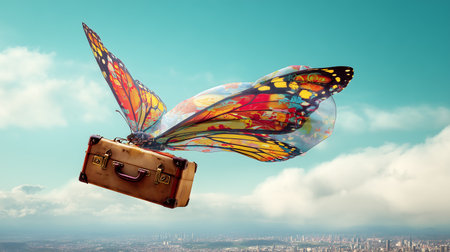 Conceptual image of flying paper butterfly with suitcase on sky backgroundの素材