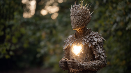 Lantern in the shape of a man made of straw in the forestの素材