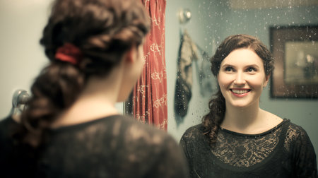 Portrait of a beautiful young woman looking at her reflection in the mirrorの素材