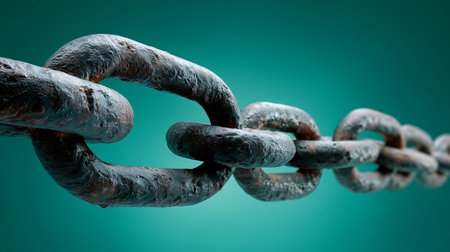 Rusty chain on green background. Close-up. 3d illustrationの素材