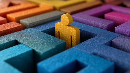 3d illustration of a person standing in a maze of colorful cubesの素材