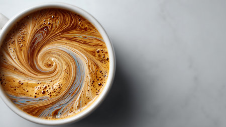 Coffee cup with latte artle background, top viewの素材