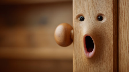 Wooden door with funny face, closeup view. Funny conceptの素材