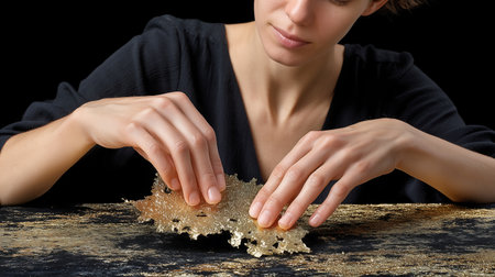 Woman kneading dough on black table, isolated on black background . Christmasの素材
