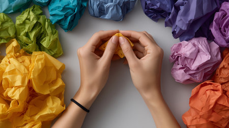partial view of woman with crumpled paper balls isolated on greyの素材