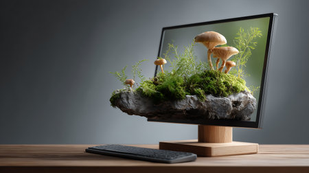 Mushroom on computer screen on wooden table. 3d renderingの素材