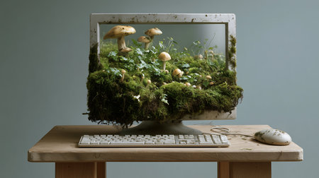 Computer with moss and mushrooms on the table. Isolated on gray backgroundの素材