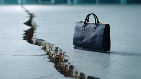 Black leather handbag on cracked concrete floor. Business and finance concept.の素材