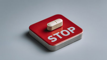STOP button on a gray background. Focus on the pill.の素材