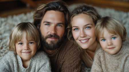 Happy family with two children in knitted sweaters looking at cameraの素材
